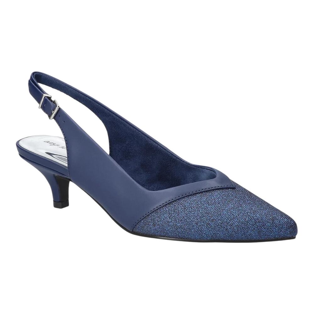 Easy Street Women's Vivid Slingback Kitten Heel Pumps Navy Glitter Size 9 1/2